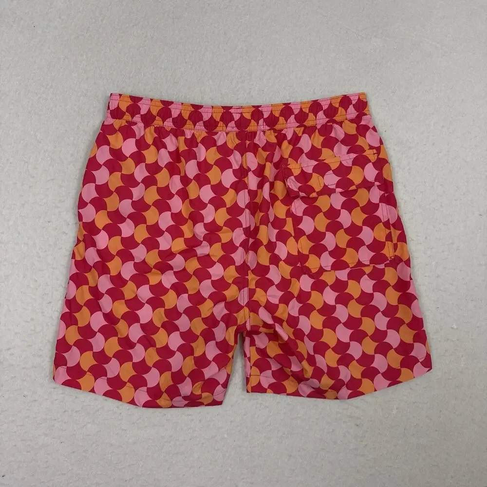 Psycho Bunny Swim Trunks Mens Small Pink Orange Geometric Lined Beach Shorts